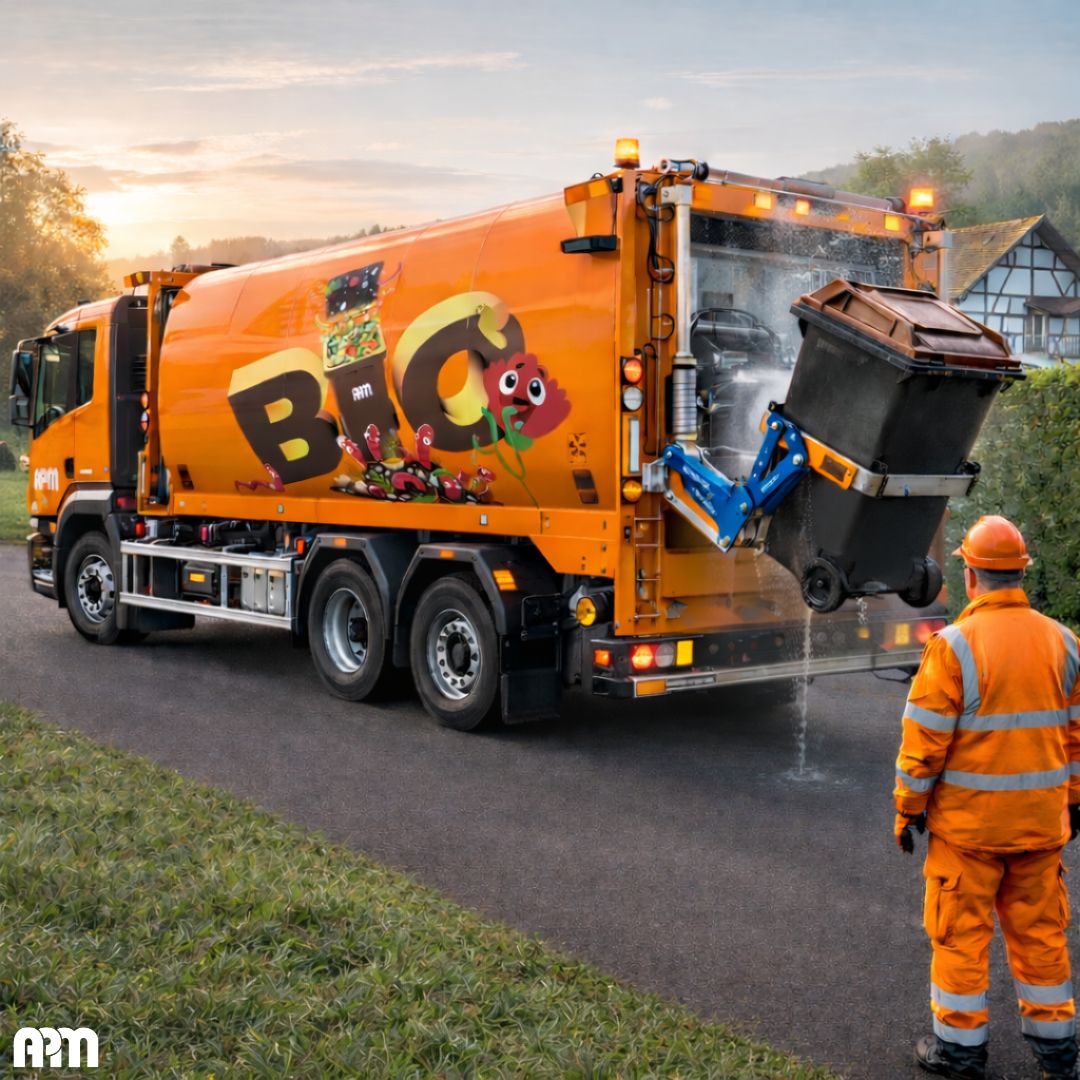 Abfallfahrzeug der APM bei Abholung einer Biotonne mit Mitarbeiter