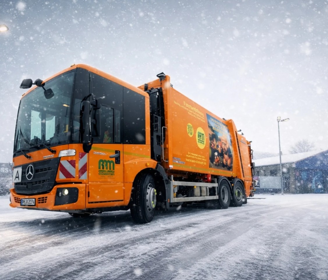 Abfallfahrzeug der APM im Schnee